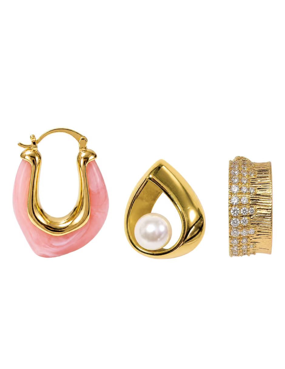 Trío de Aretes Dorados con Perla, Zirconias y Detalle Rosa en chapa de oro 14k