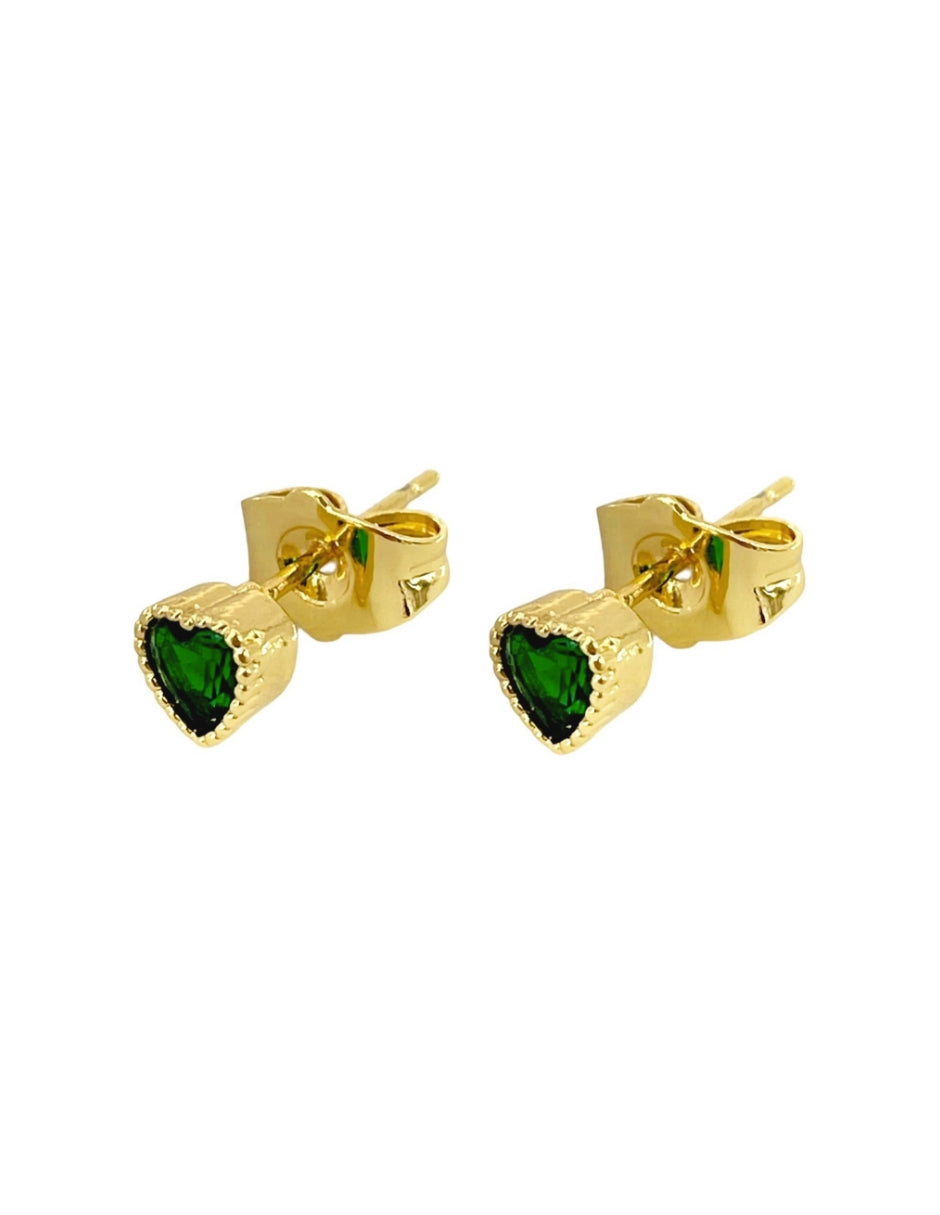 Broqueles de Corazón con Zirconia Verde en Chapa de Oro