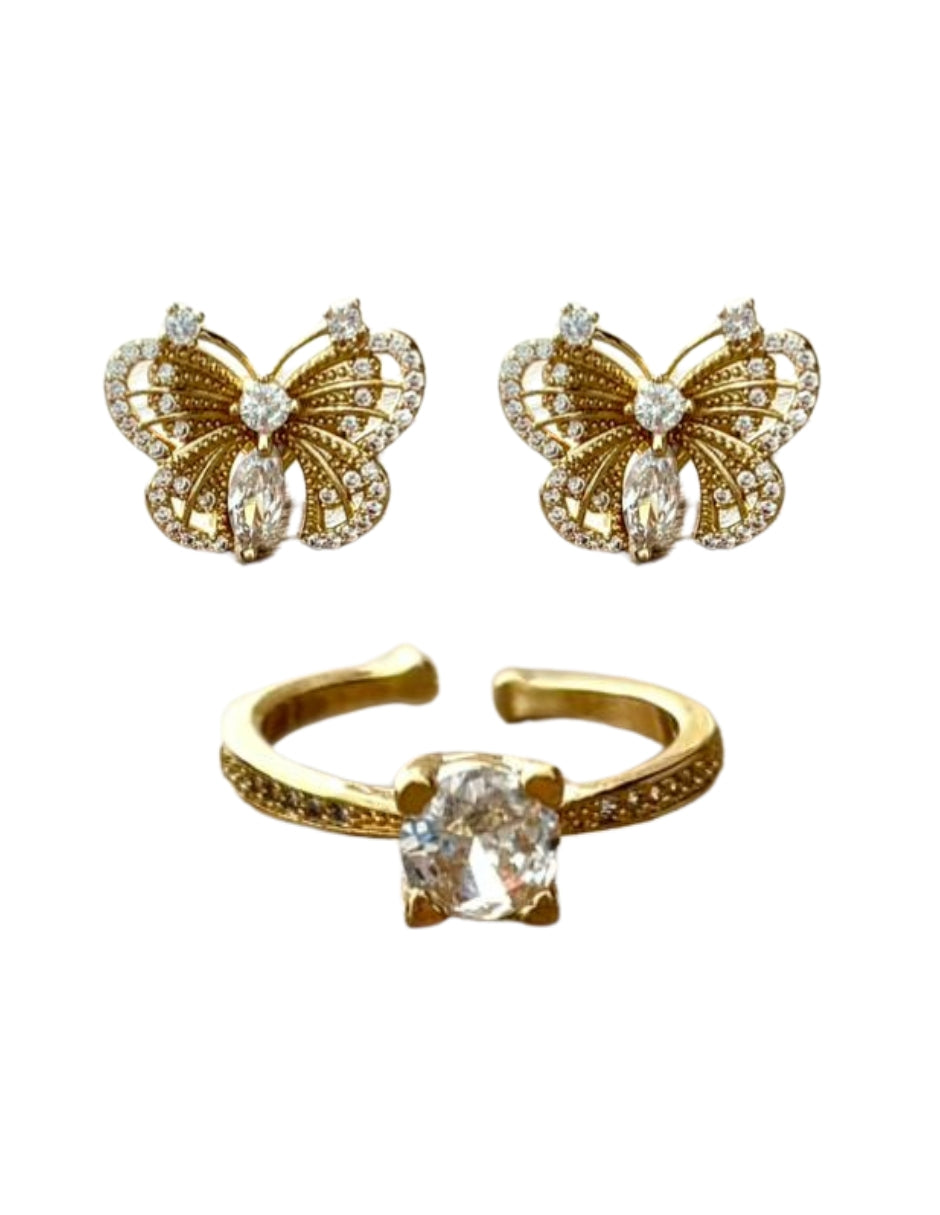 Set de Aretes y Anillo en Chapa de Oro 14K