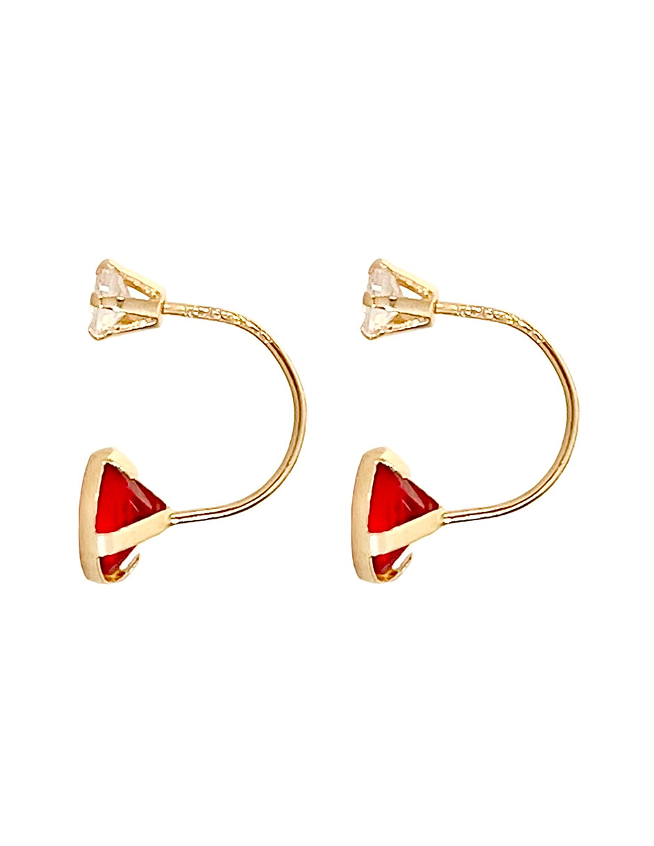Aretes Curvos con Zirconia Roja y Blanca - en Oro de 10k