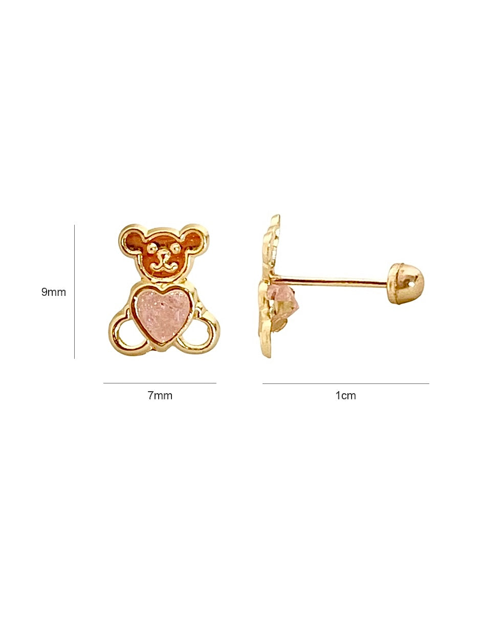 Broquel Oso con Zirconia Rosa - en Oro de 10k