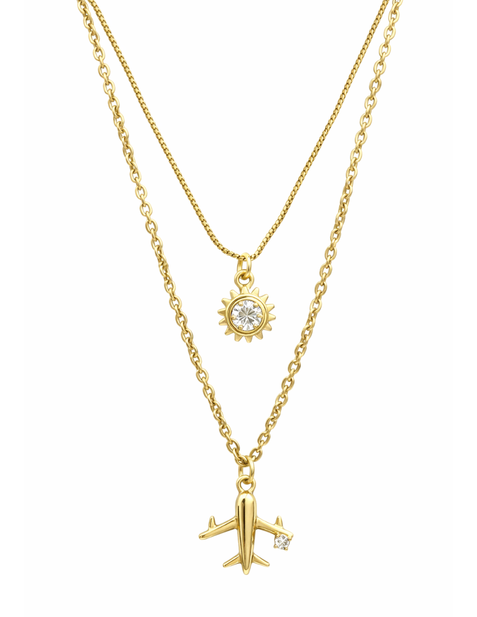 Set de Aretes y Collar de Avión en Chapa de Oro 14K