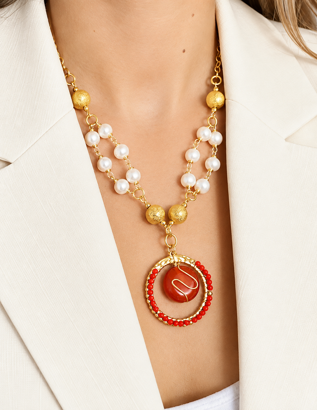 Aretes y collar perla Colgante Rojo