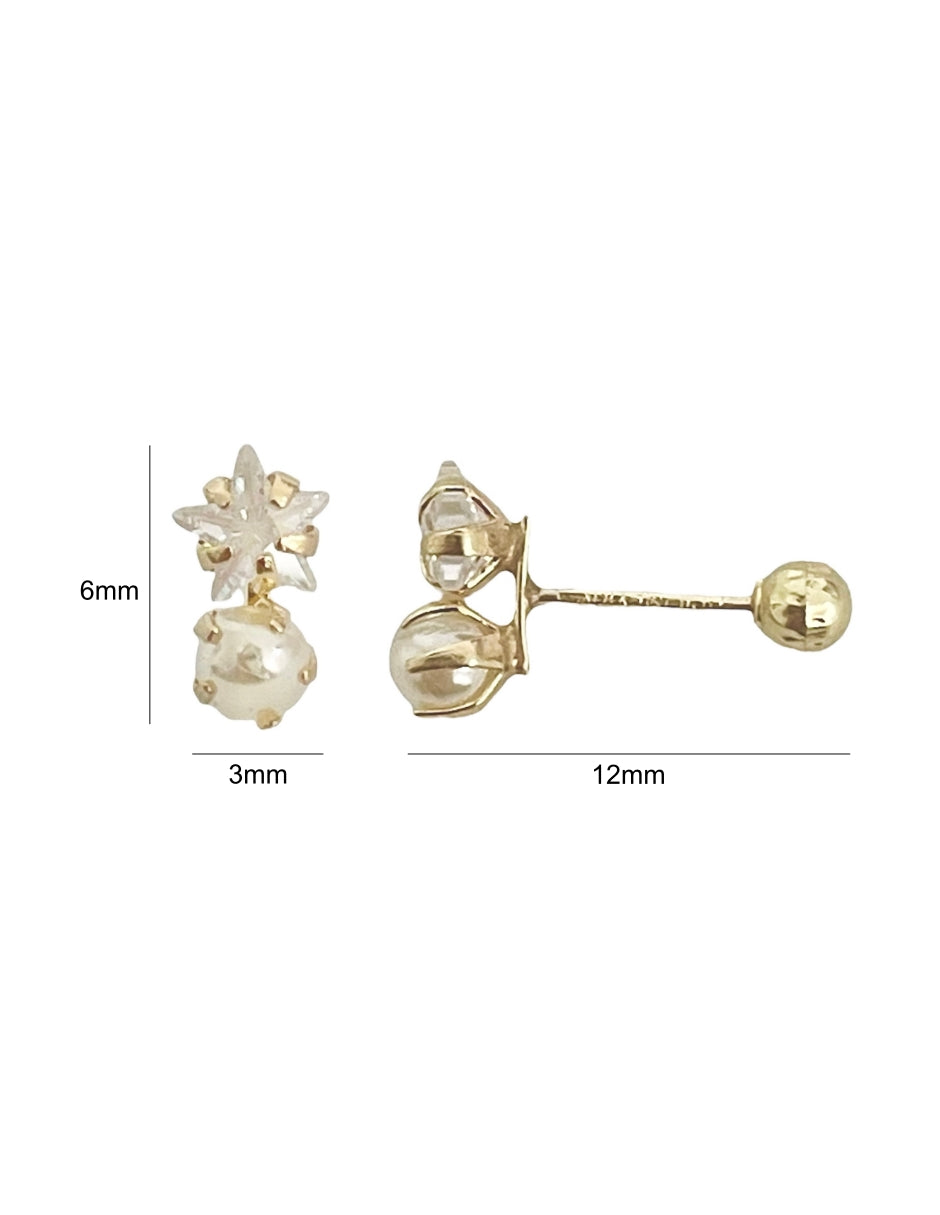 Broquel Doble con Perla Natural con Zirconia de Estrella en Oro de 10k