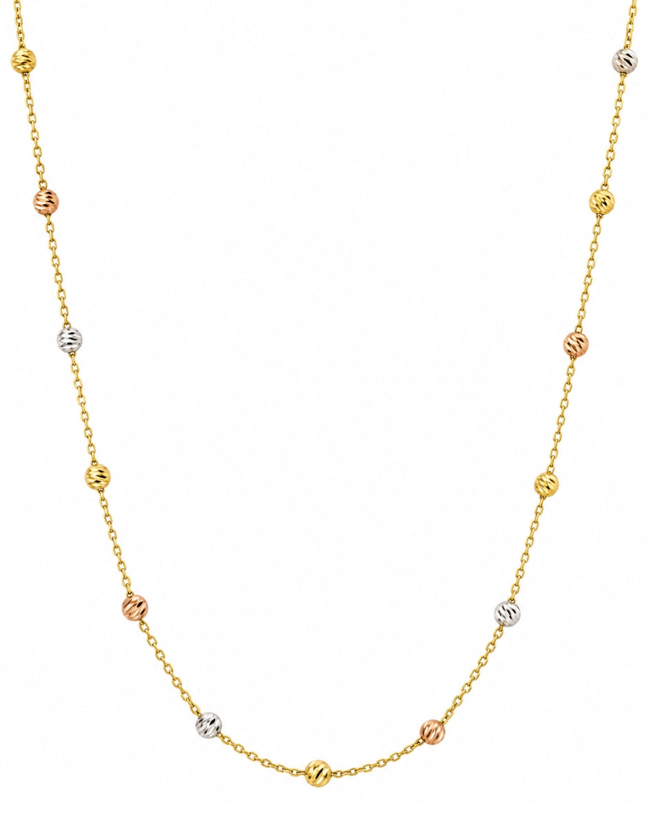 Collar de Oro de 10K con Bolitas Tricolor Diamantadas