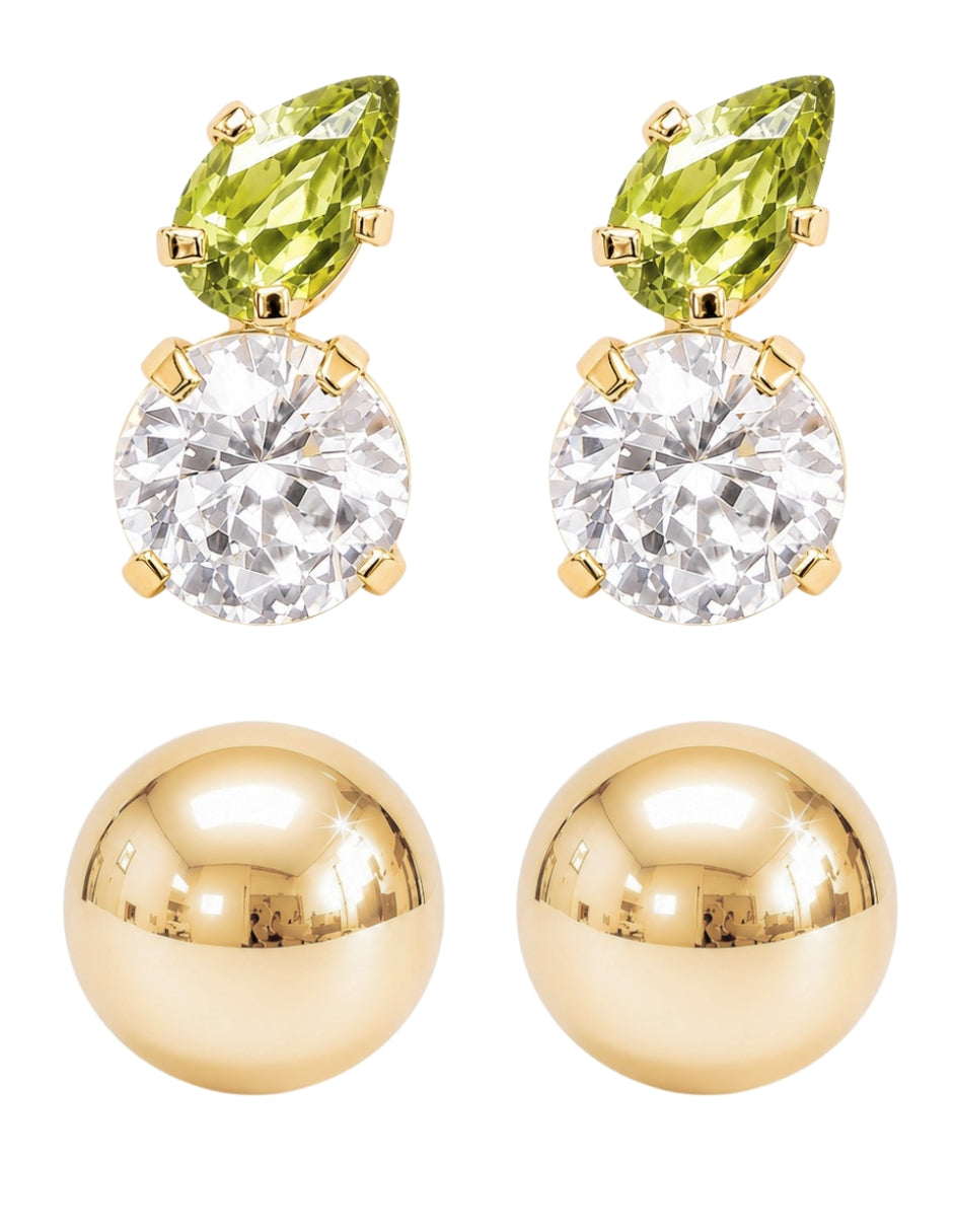 Dúo Bola Lisa y Aretes con Zirconias Verde y Blanca en Oro de 10K