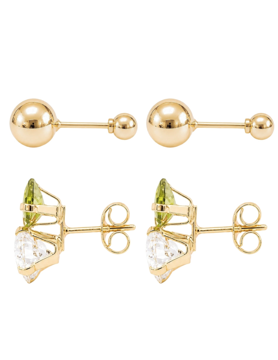 Dúo Bola Lisa y Aretes con Zirconias Verde y Blanca en Oro de 10K