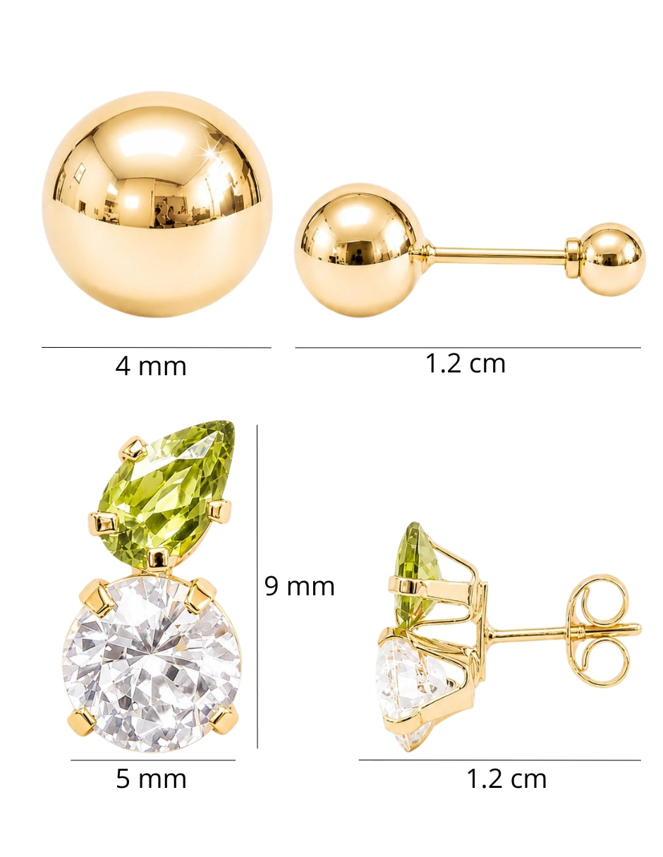 Dúo Bola Lisa y Aretes con Zirconias Verde y Blanca en Oro de 10K