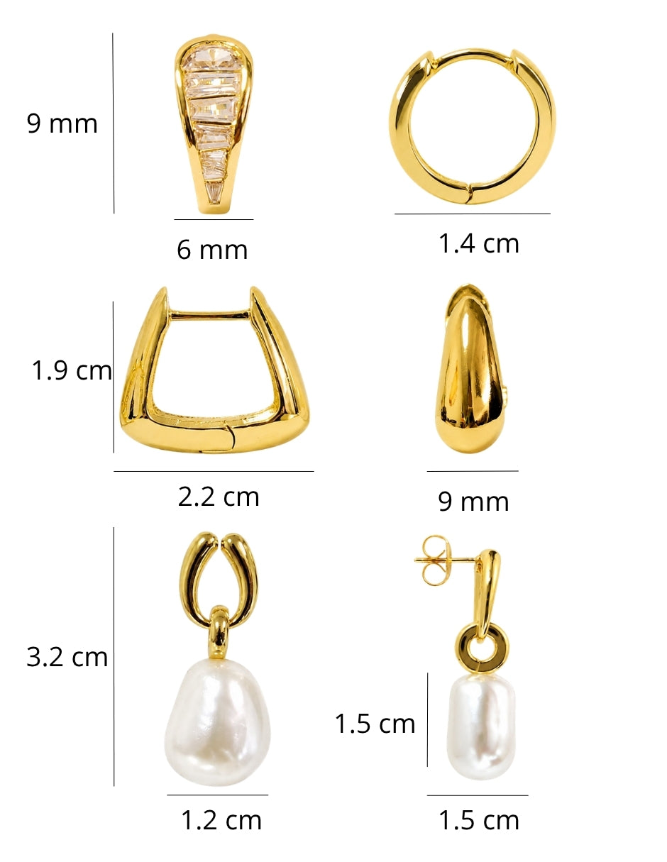 SET DE ARETES CHAPA DE ORO 14K CON ZIRCONIAS Y PERLA