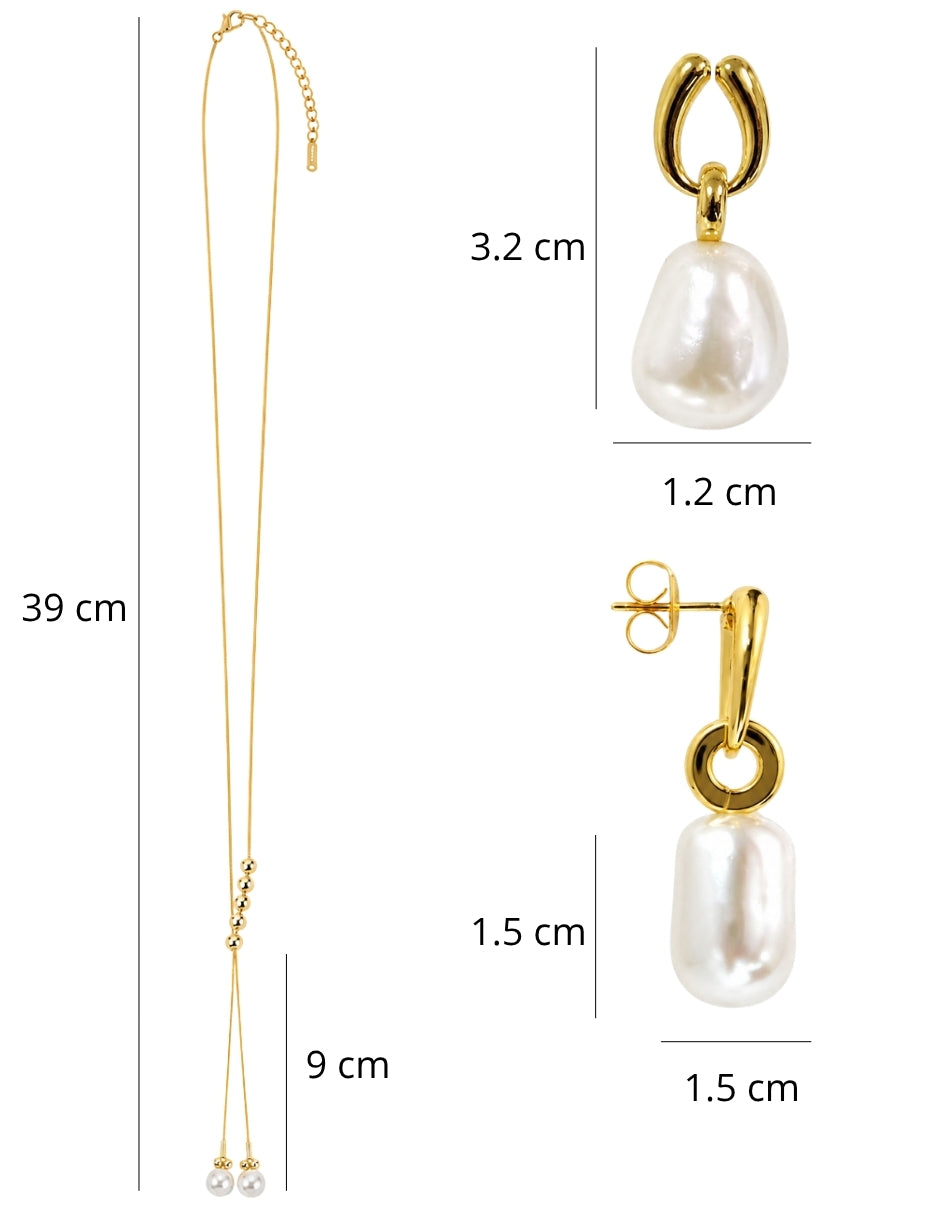 SET CORBATERO Y ARETES CON PERLAS CHAPA DE ORO 14K