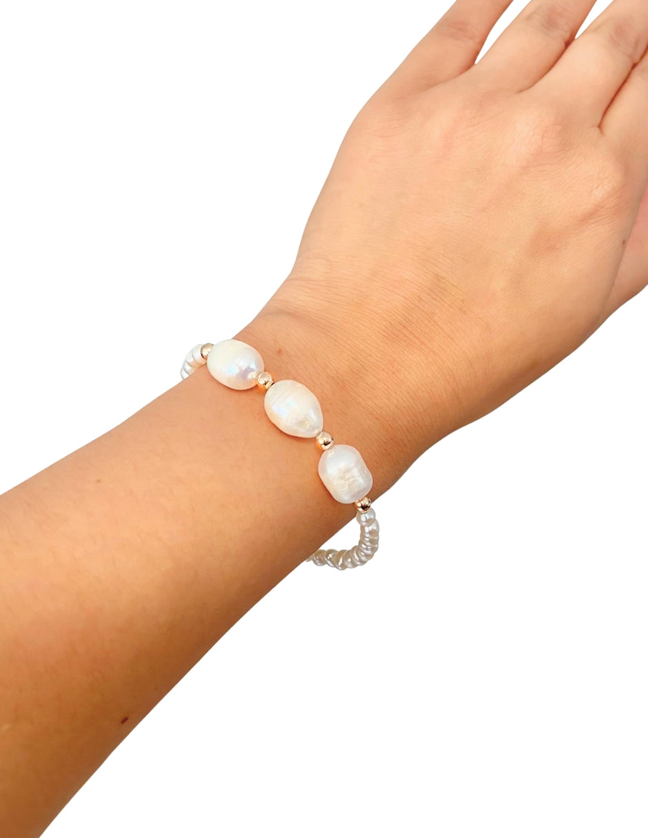 Pulsera Perlas Calabazo Con Bolas Oro 10k