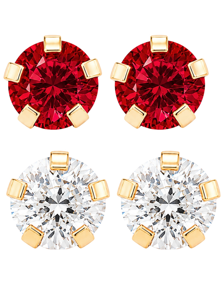 Dúo Bola Lisa y Broqueles con Zirconia Roja en Oro de 10K