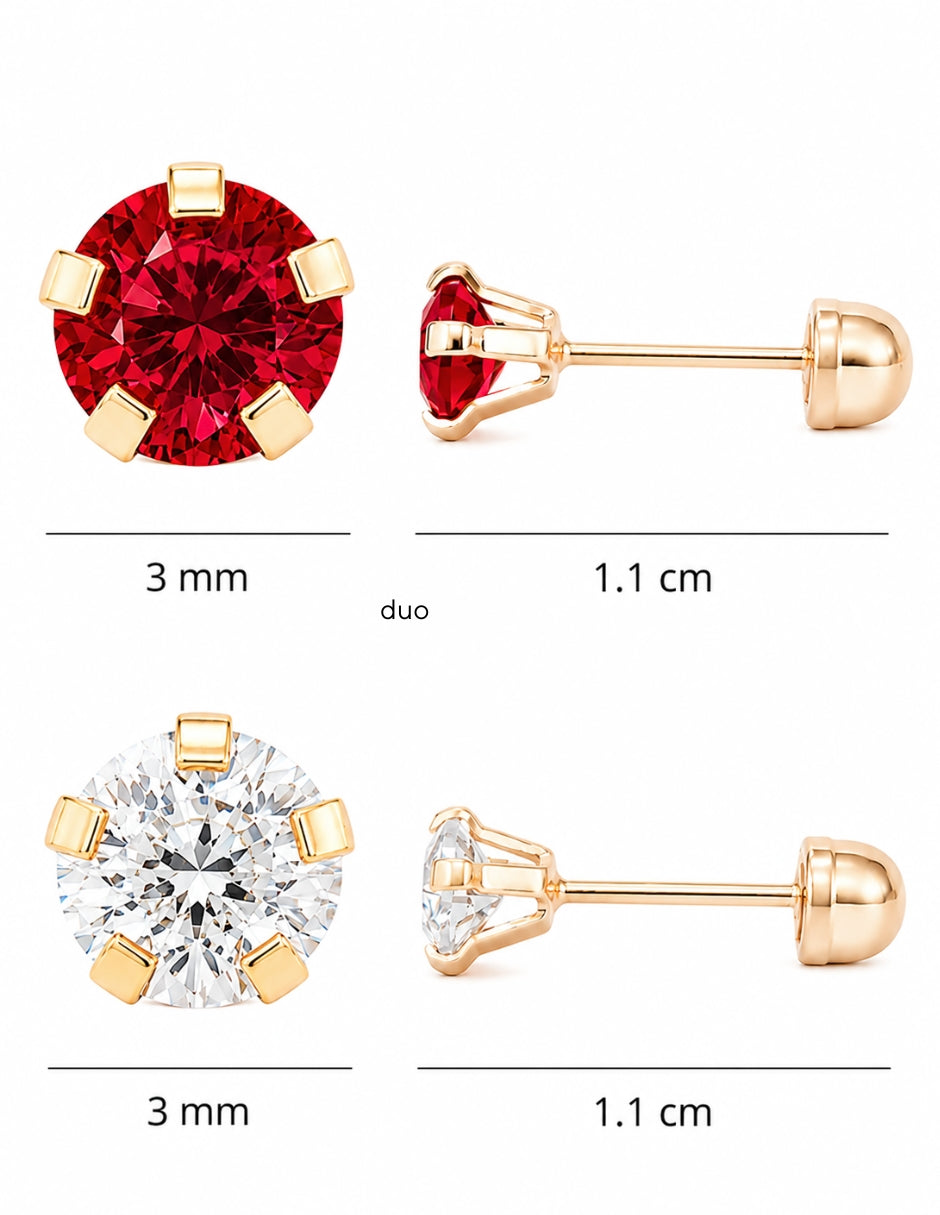 Dúo Bola Lisa y Broqueles con Zirconia Roja en Oro de 10K