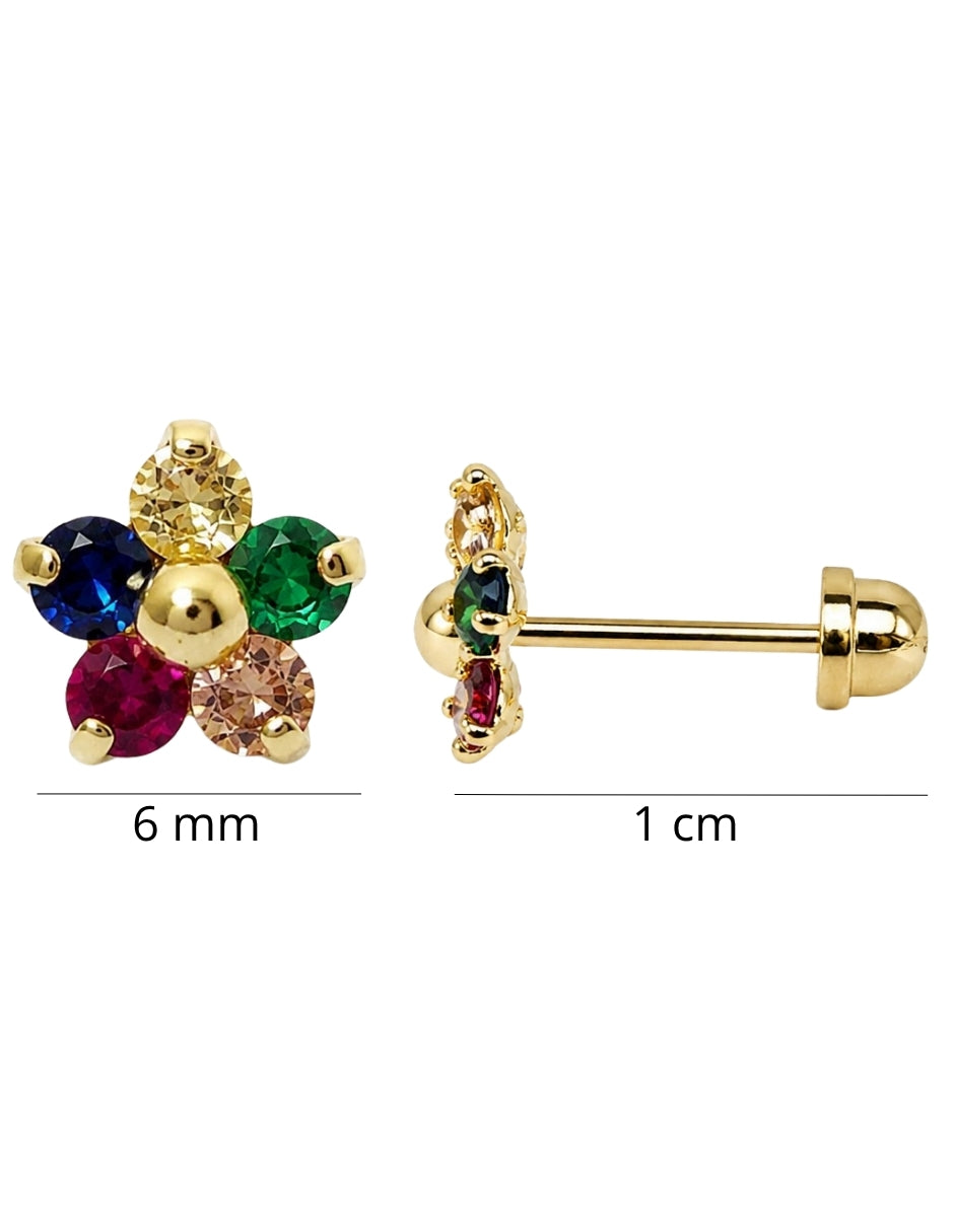 Broquel Flor Zirconias de Colores Oro 10k