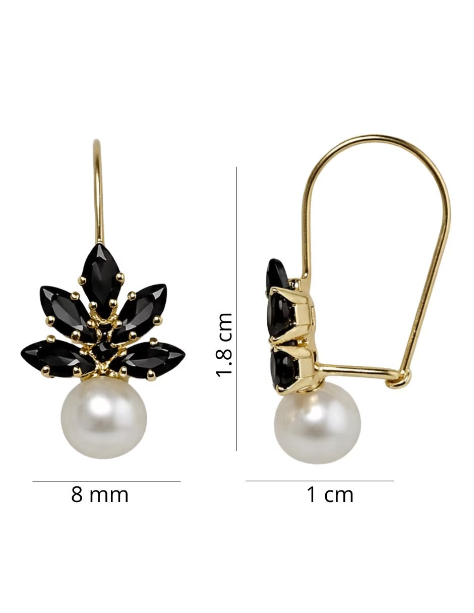 Aretes cortos de  zirconias negras con perla 10k
