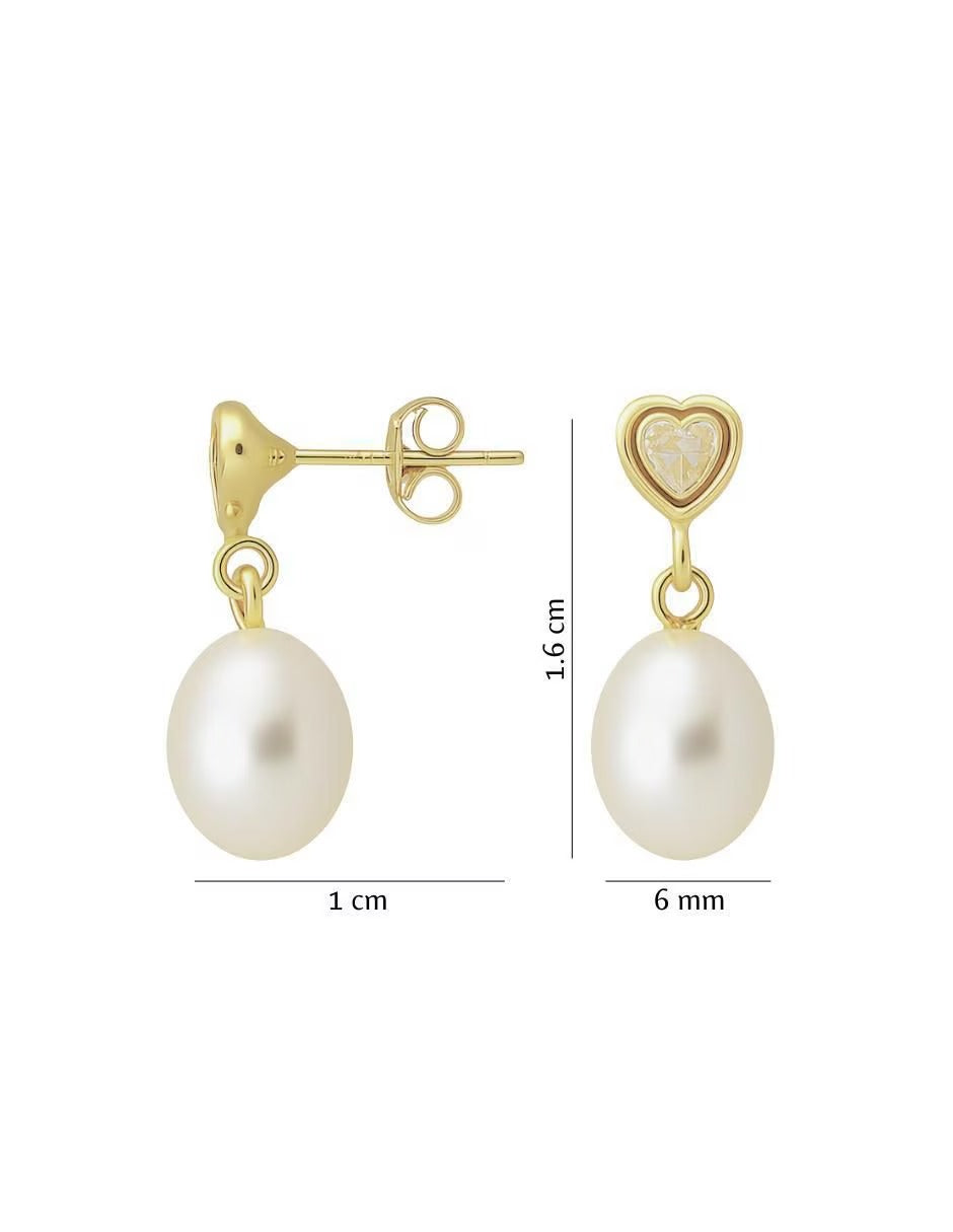 Aretes de Perla con Zirconia de Corazón en Oro de 14k