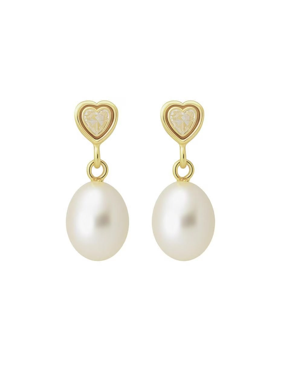 Aretes de Perla con Zirconia de Corazón en Oro de 14k