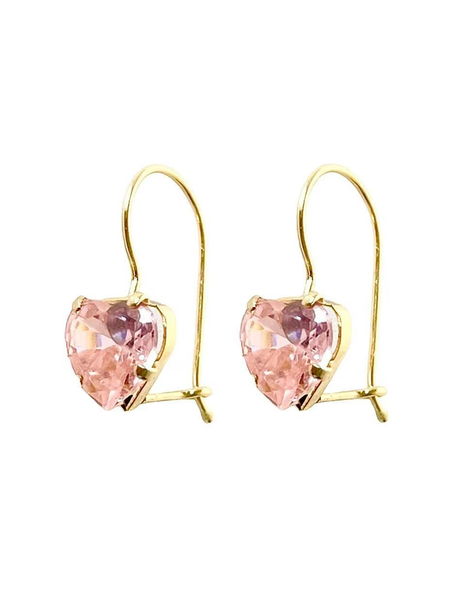 Arete con Zirconia de Corazón Rosa - en Oro 10k