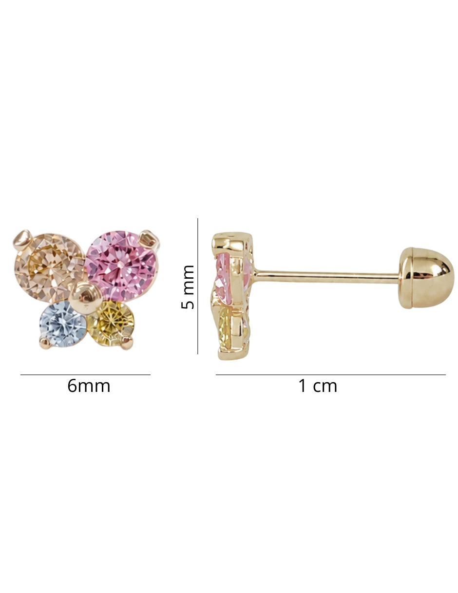 Broqueles de mariposa zirconias colores oro 10 k