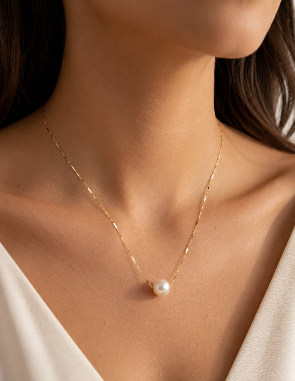 Collar de Perla Natural 12mm en Oro Italiano de 10k
